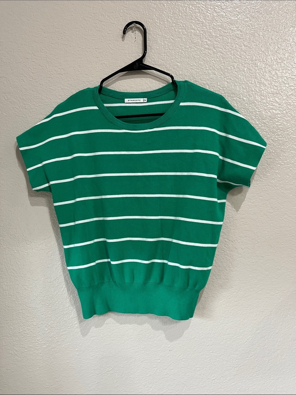 Staccato Green White Striped Short Sleeve Knit Top Sz XL Comfy Casual TC0118